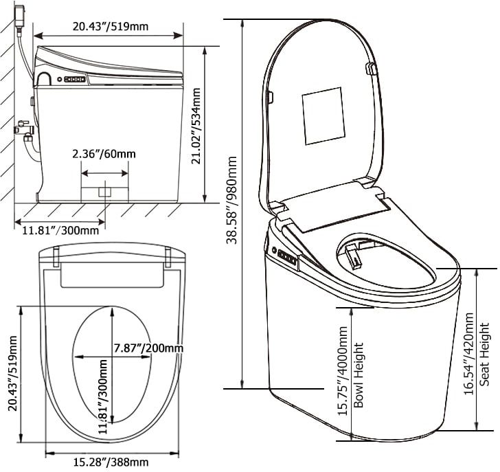 HMR - Compact Smart Bidet Toilet with Automatic Flushing 1.28 GPF
