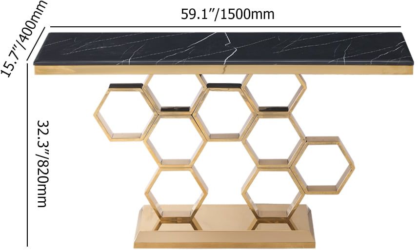 HMR - 59" Modern Rectangle Black Marble Console Table Narrow Entryway Table
