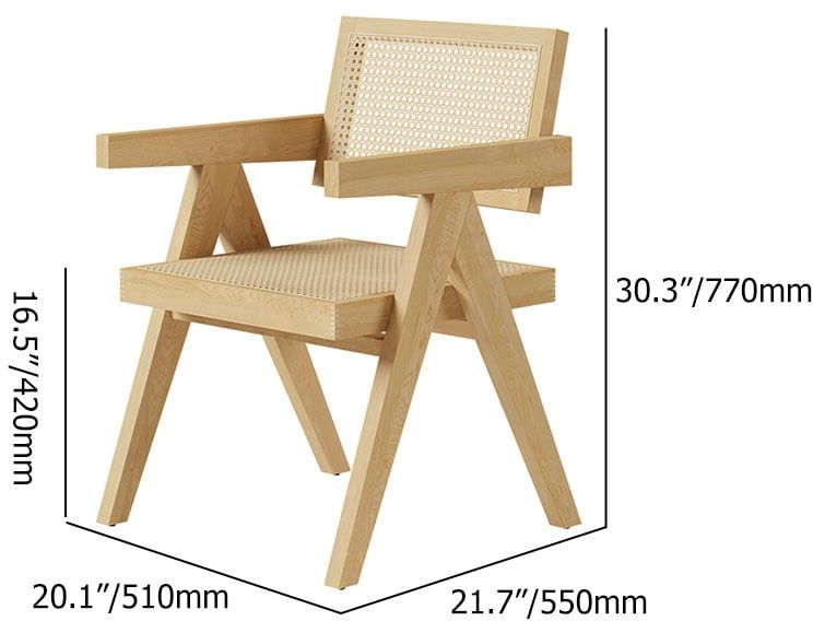 HMR Archic Japandi Bleached Wood Rattan Dining Chair with Solid Wood Frame - Natural, Without Upholstery, 1-Piece