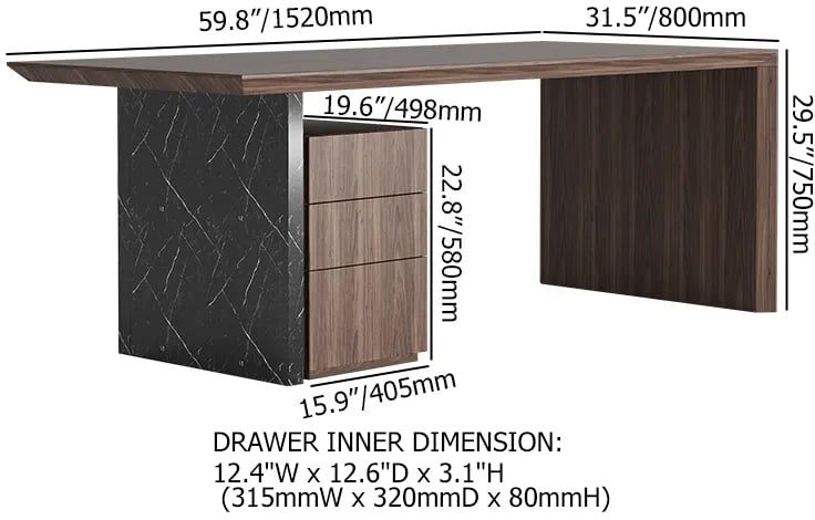 HMR Modern Home Office Desk with Movable File Cabinet - Black/Walnut, 59.8"