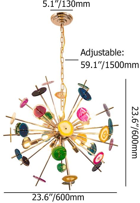 HMR - Art Deco 12-Light Sputnik Agate Chandelier with Adjustable Chain in Rose Gold