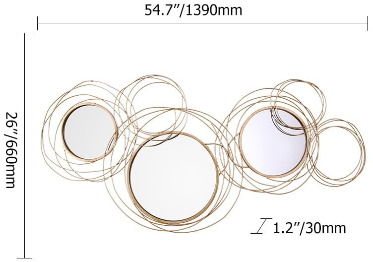 HMR Modern Luxury Gold Round Wall Mirror Creative 3D Overlapping Metal Décor - 6 Rings