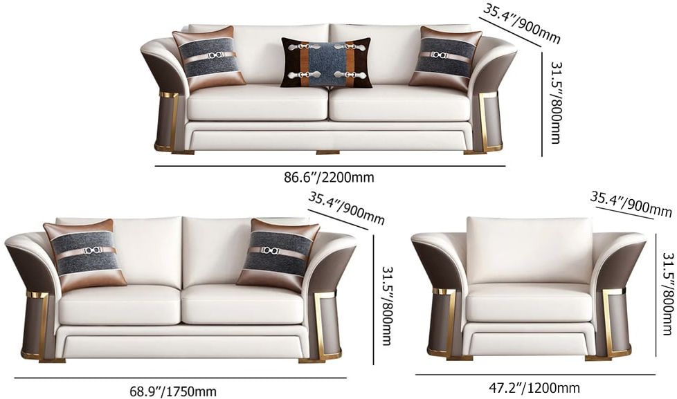 HMR - Modern Faux Leather Living Room Sofa Set in Brown & White Set of 3