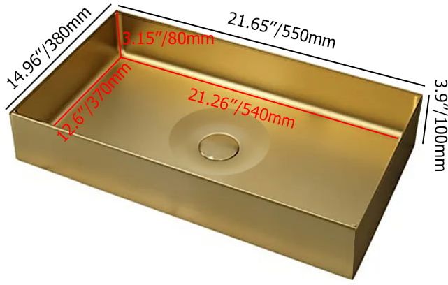 HMR Contemporary Rectangular Stainless Steel Vessel Sink Luxury Wash Sink - Gold, 21.65"
