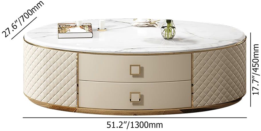 HMR - Modern White Oval Sintered Stone Top Coffee Table Microfiber Leather with 2 Drawers
