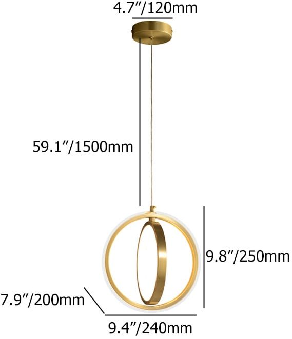 HMR - Gold Geometric Pendant Light 2-Ring LED Hanging Light in Brass