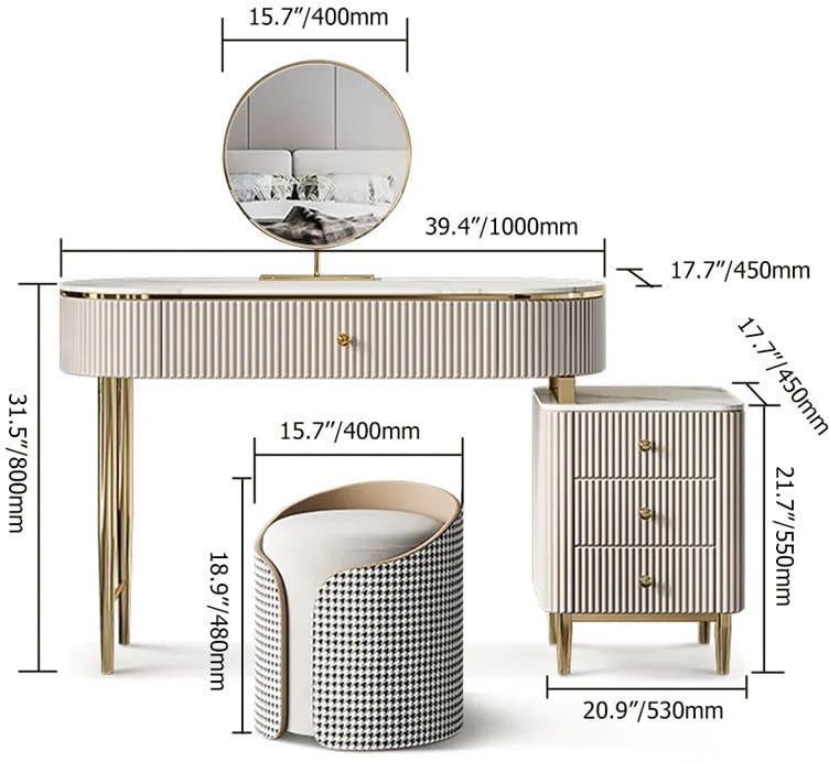 HMR - Champagne Faux Marble Top Makeup Vanity Set with 1 Stool & 1 Cabinet & 1 Mirror