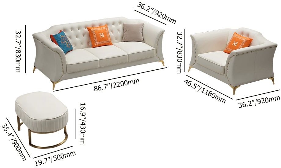HMR - 3-Piece Modern Faux Leather Living Room Set Chesterfield Sofa in Beige with Stool