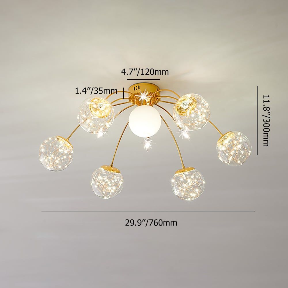 HMR - Modern Glass Globe 7-Light LED Flush Mount Light in Gold