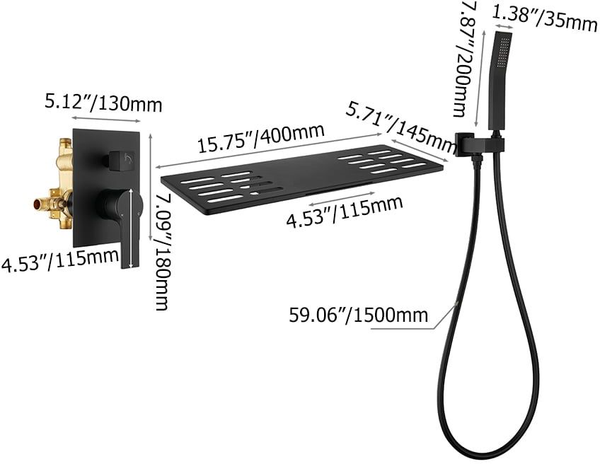 HMR - Modern Waterfall Wall Mounted Single Handle Bathtub Faucet With Handshower in Black