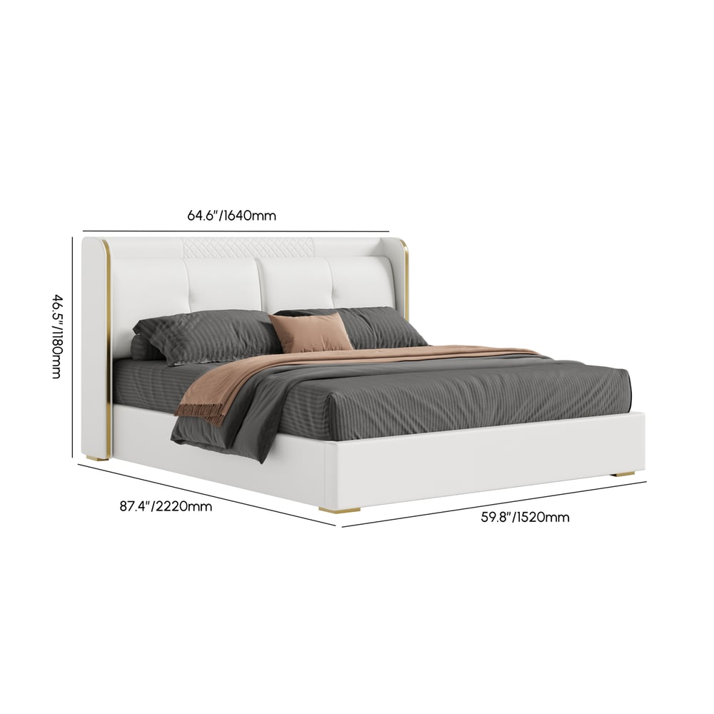 HMR Leather Upholstered Bed with Wingback Headboard - Off-White, Queen Size