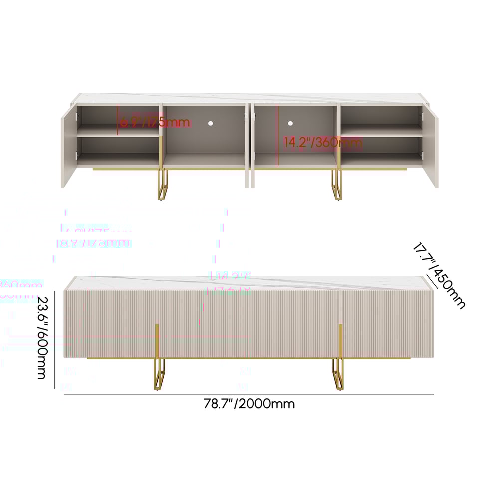 HMR Grovyn Sintered Stone Top Fluted TV Stand with Storage - Off White, 78.7"W x 17.7"D x 23.6"H, Without Fireplace
