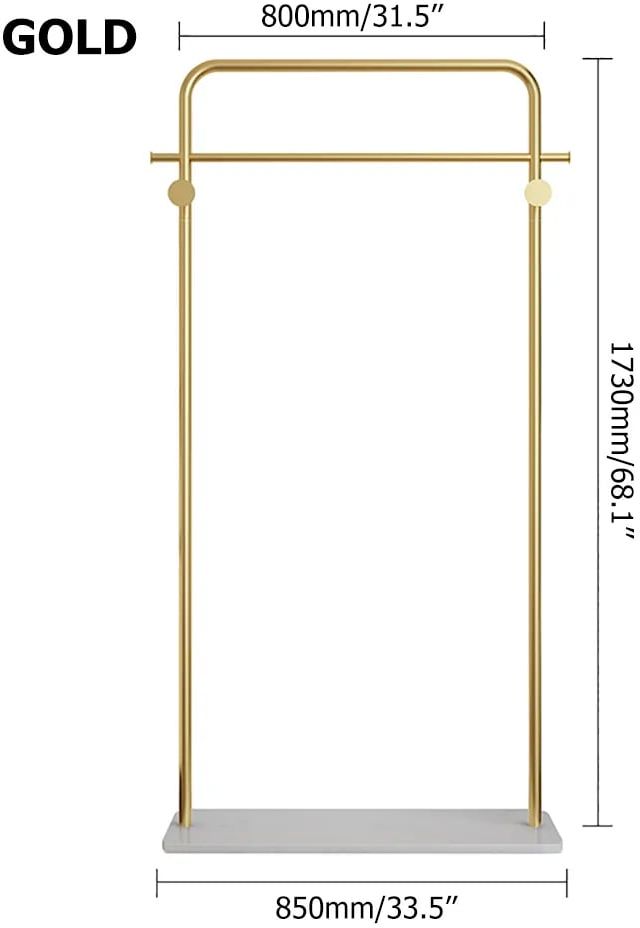 HMR - Metal Freestanding Cloth Rail Rack with Hooks and Marble Base in Gold