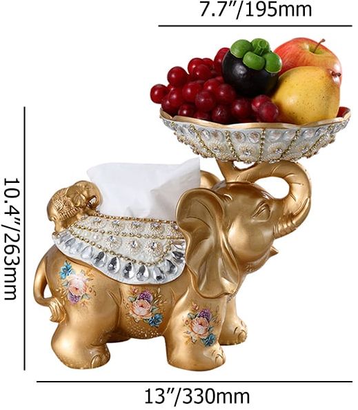 HMR - Gold & White Elephant Fruit Basket with Tissue Box Resin Snack Tray Decor