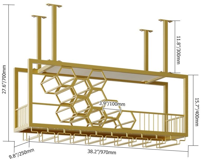 HMR - 38'' Metal Hanging Wine Rack Golden Bar Shelf Floating Wine Glass Holder