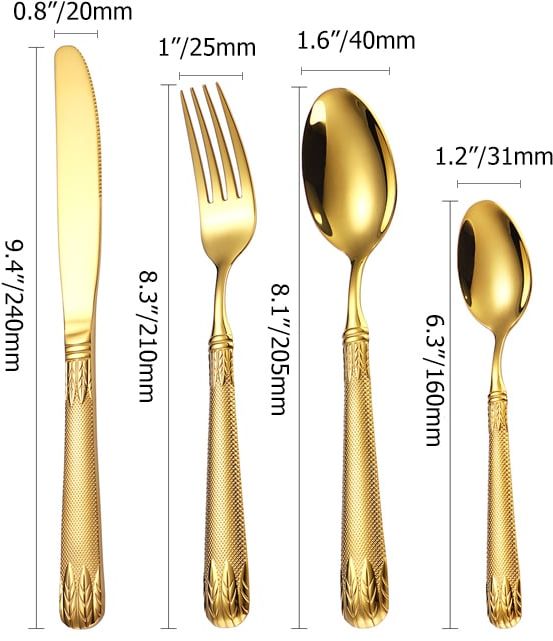 HMR - Luxury Gold Unique Flatware Set for 12 Embossed Stainless Steel Kitchen Cutlery Set