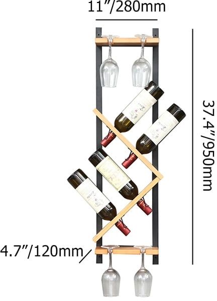 HMR - Modern Wall Mounted Wood Wine Rack 4-Bottle & 4 Wine Glass Rack Stemware Holder Rack