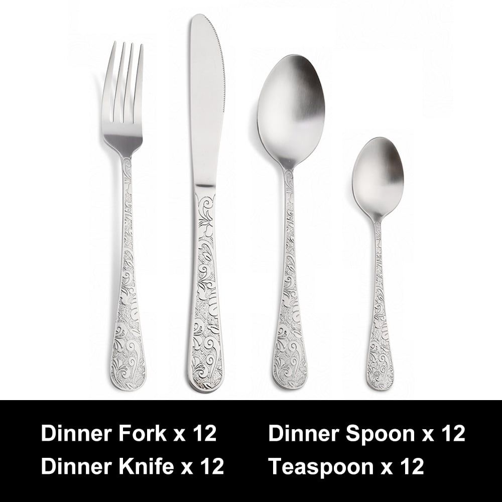 HMR - Vintage 48-Piece Engraved Flatware Set Stainless Steel Silver Kitchen Cutlery Set for 12