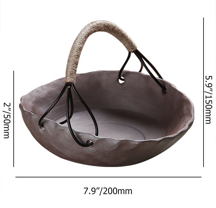 HMR - Oval Porcelain Fruit Bowl with Handle in Brown Distressed Fruit Basket Decor