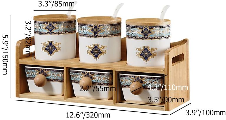 HMR - 2-Tier 6 Jar Spice Seasoning Jar & Rack Set Ceramic Organizers with Lid in White
