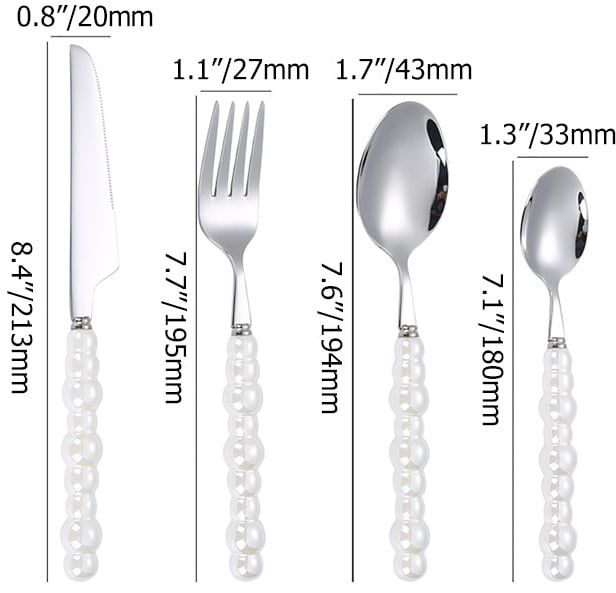 HMR - Modern Flatware Set for 4 Ceramic Unique White Pearl 16-Piece Cutlery Set