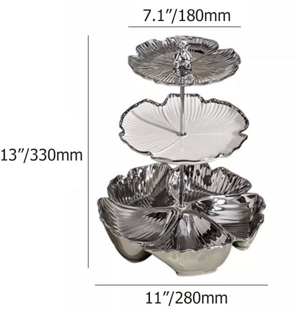 HMR - 3 Tier White & Silver Fruit Bowl Ceramic Irregular Serving Tray Decor Cupcake Stand