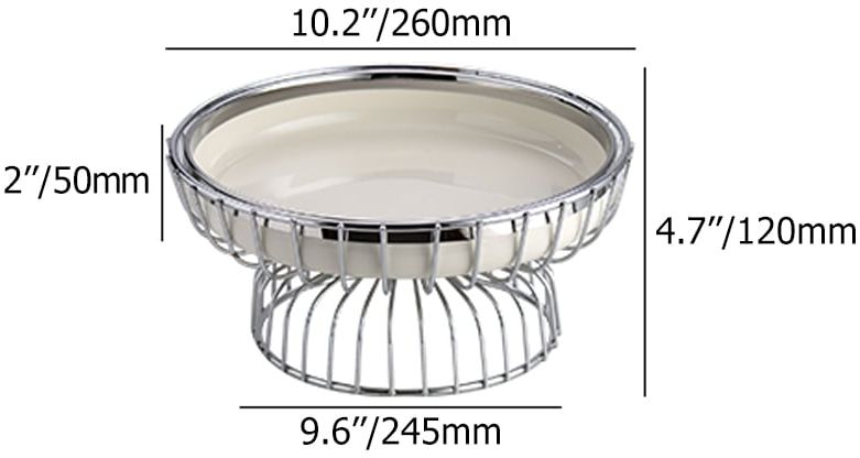 HMR - White Fruit Basket Round Decorative Bowl Ceramic & Metal Snack Serving Tray