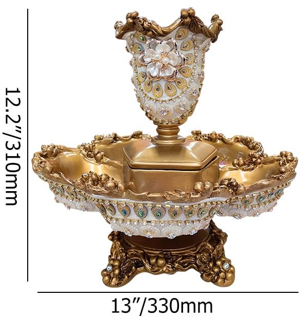HMR - 2 Tiered Gold & White Fruit Basket Glam Plate with Removable Vase Resin Snack Tray Decor