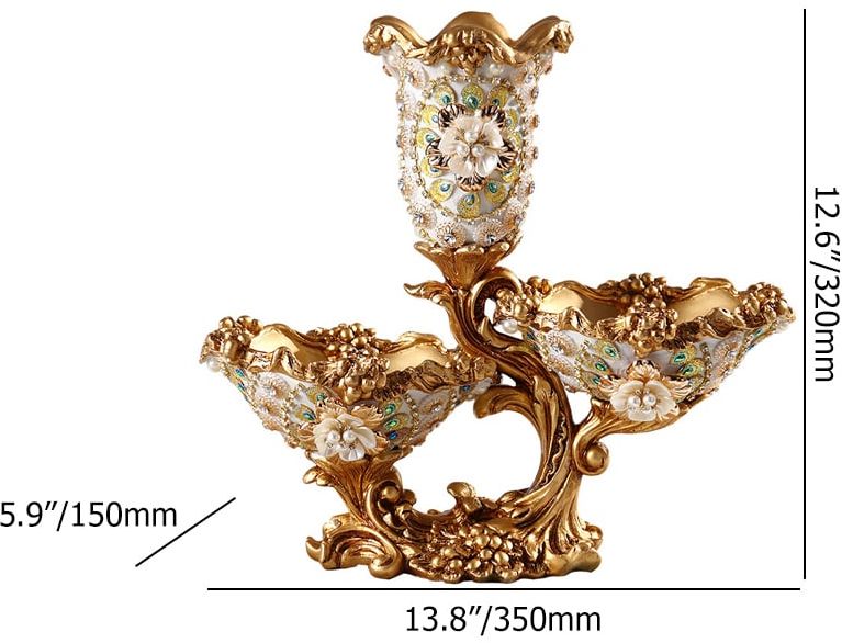 HMR - Shinely 2 Tiered Gold & White Fruit Basket Plate with Vase Resin Snack Tray Decor