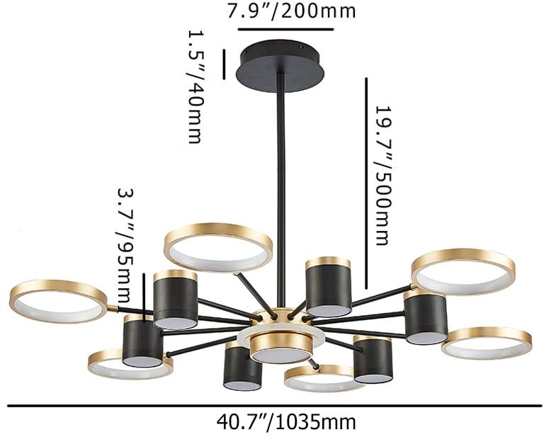 HMR - Nordic 12-Light Black & Gold Chandelier LED Ring Starry Reflection Light Dimmable