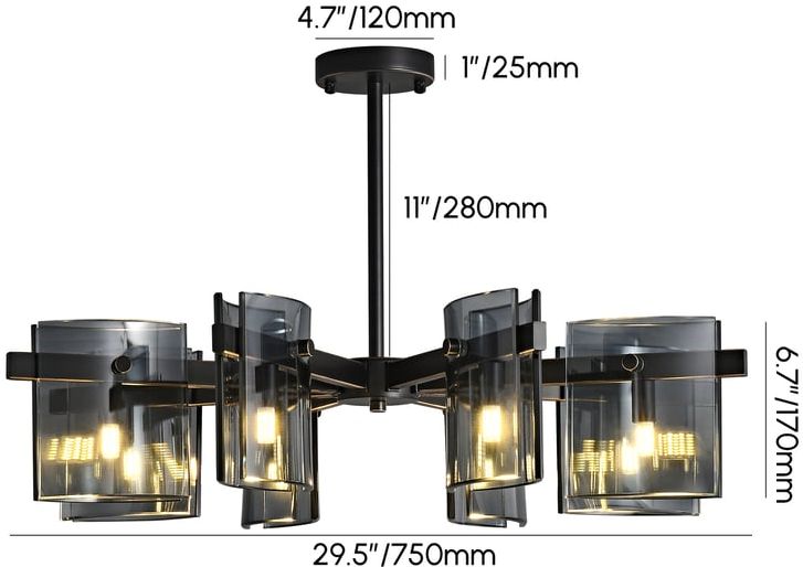 HMR - 8-Light Chandelier Black Glass Mid Century Ceiling Light