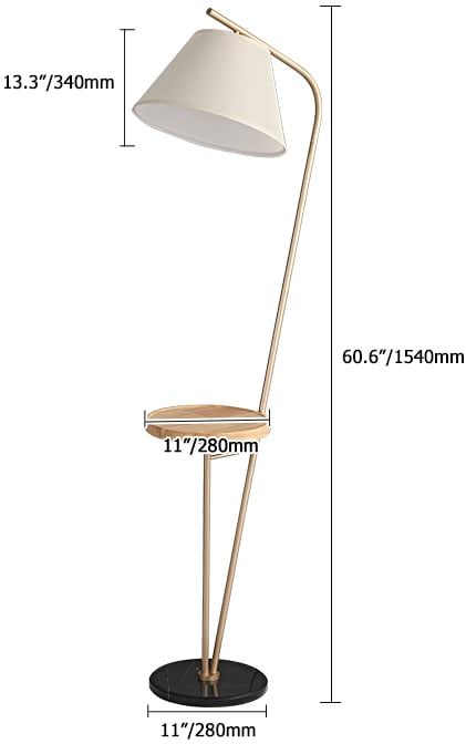 HMR - Champagne Gold Floor Lamp End Table with Linen Shade Wireless Charger & USB Port