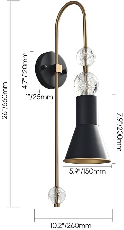 HMR - Modern Black & Gold 1-Light Wall Lighting Metal & Glass Wall Sconce