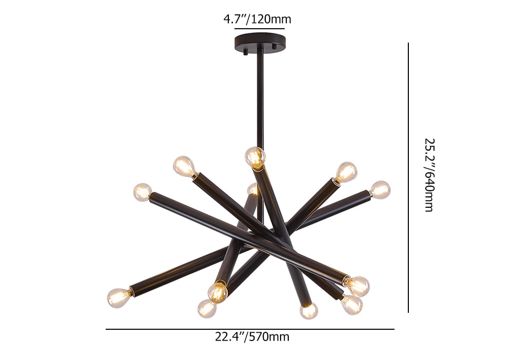 HMR Modern 12-Light Sputnik Semi-Flush Mount Light with Hanging Rod - Black