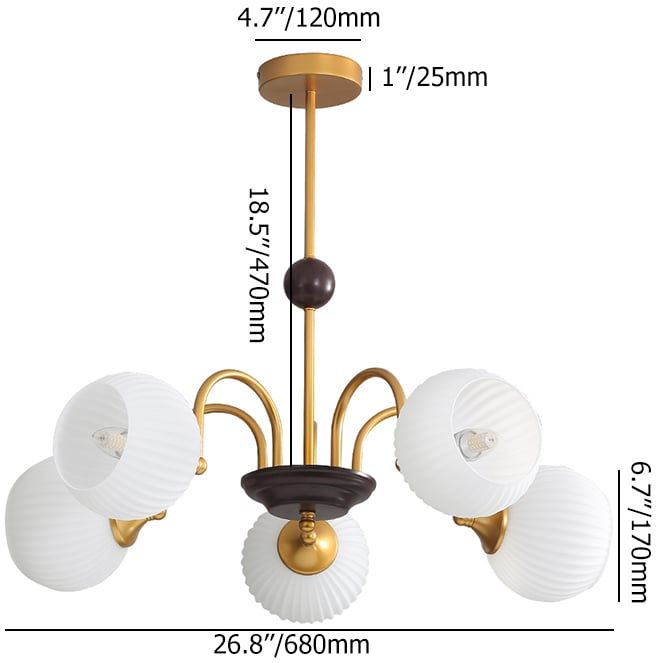 HMR - 5-Light Gold Ceiling Chandelier Light with White Ribbed Glass Shades for Living Room