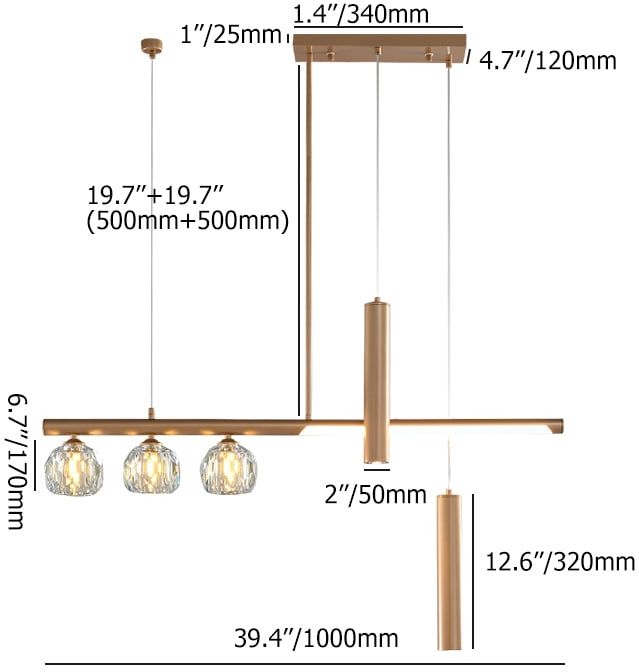 HMR - Minimalist 6-Light Gold Crystal Shade LED Glass Linear Kitchen Island Chandelier Light