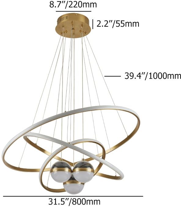 HMR - Modern Gold 3-Light LED Chandelier 3 Color Modes Remote Control Starry Reflection Light