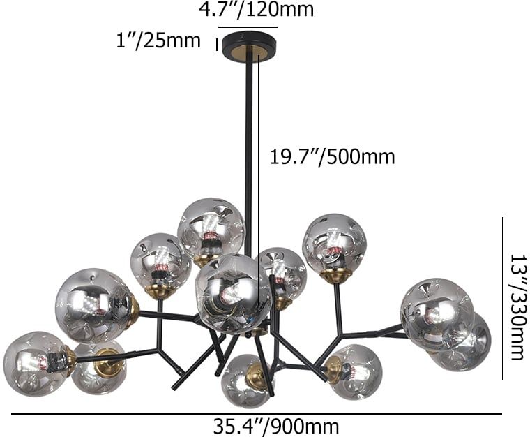 HMR - 12 Light Black Chandelier with Globe Glass Shade Modern Pendant Light for Living Room