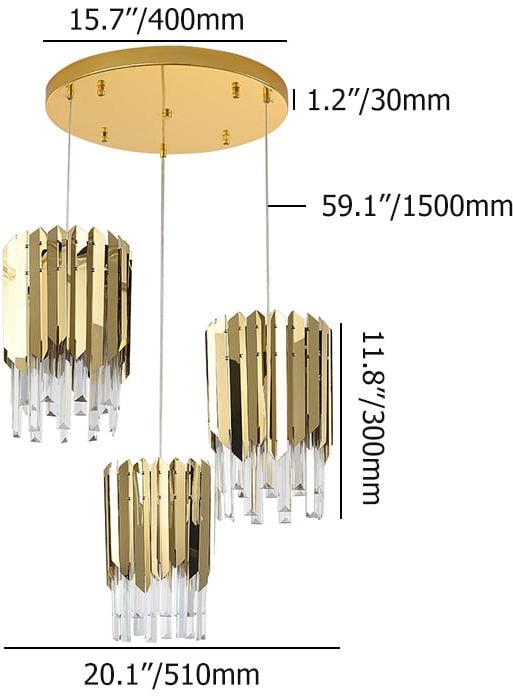 HMR - 3-Light Crystal Modern Chandelier Ceiling Pendant Light in Gold for Living Room