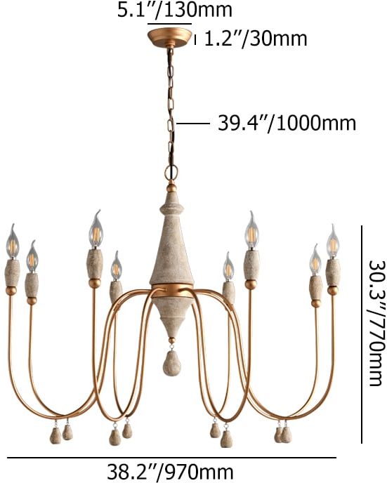 HMR - Mid Century Modern Farmhouse 8-Light Candle-Style Chandelier Wood Pendant Light in Gold