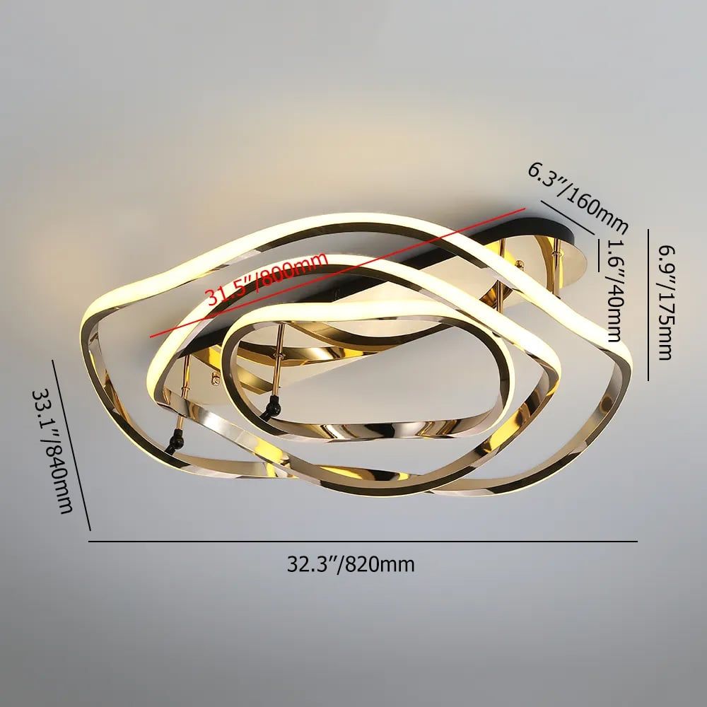 HMR - Modern Gold LED Geometric Semi Flush Mount Light Wavy Design Metal