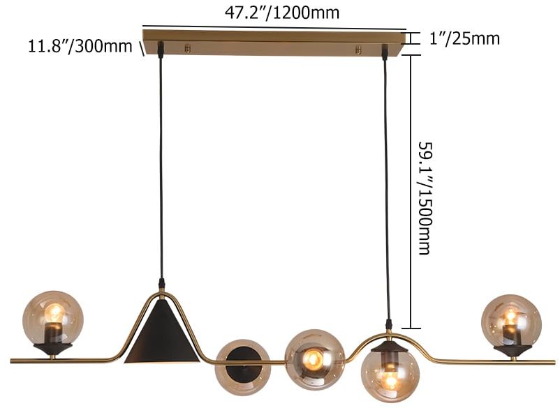 HMR - 6-Light Gold & Black Geometric Rectangular Kitchen Island Light Globe Ceiling Light