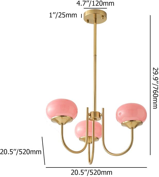 HMR - 3-Light Modern Gold Chandelier Pendant Light with Pink Glass Globe Lamp Shade Decor