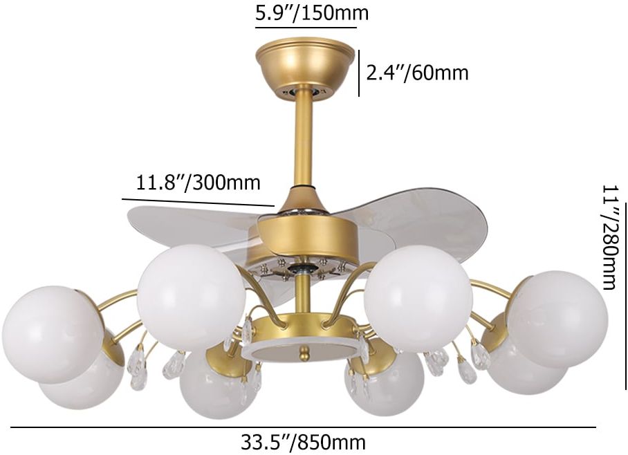 HMR - 9-Light Gold Chandelier Bladeless Ceiling Fans with Light in Glass Shade Remote Control