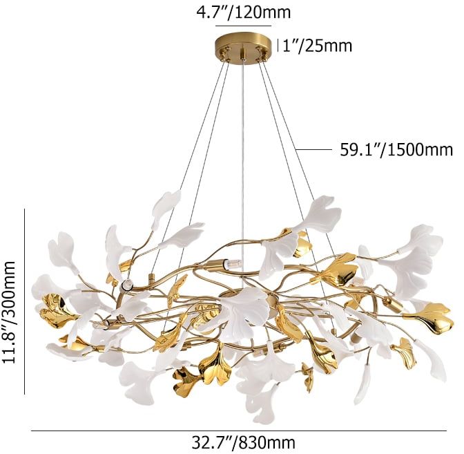 HMR - Martly 8-Light Art Deco Ginkgo Leaves Chandelier White & Gold Metal Ceiling Light