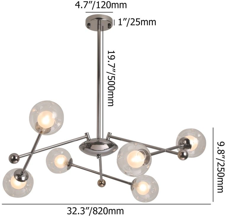 HMR - 6-Light Silver Sputnik Warm Light Chandelier Clear Glass Globe Ceiling Light