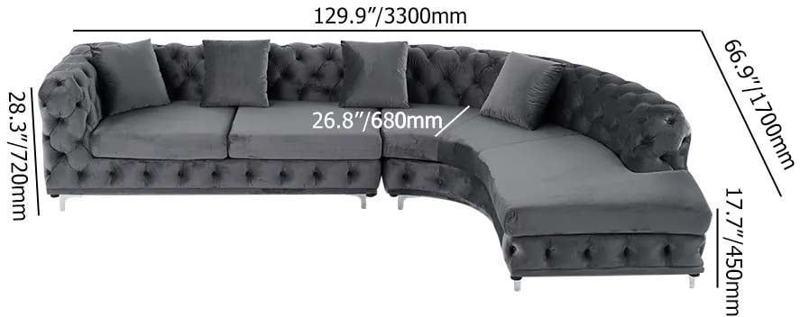 HMR - L-Shaped Curved Gray Sectional Sofa Upholstered Velvet Chesterfield Sofa
