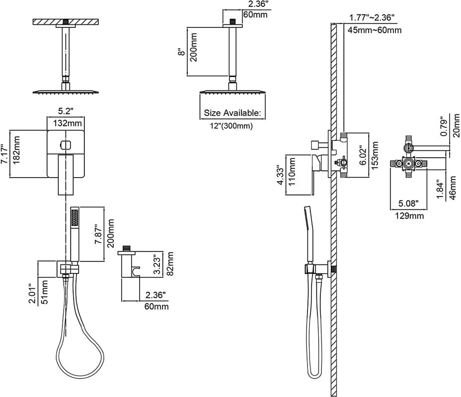 HMR - Ceiling Mount Shower System with Pressure Balance Valve and Trim in 12", Brushed Nickel