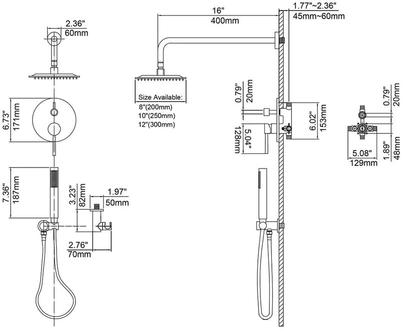 HMR - Wall Mounted Rain Shower System with Handheld Shower Set Solid Brass in Shower Head 12"