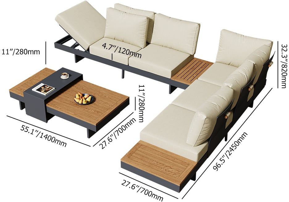 HMR 5-Pieces Modular Teak Outdoor Sofa Set with Smokeless Fire Pit for 6 Person - Beige